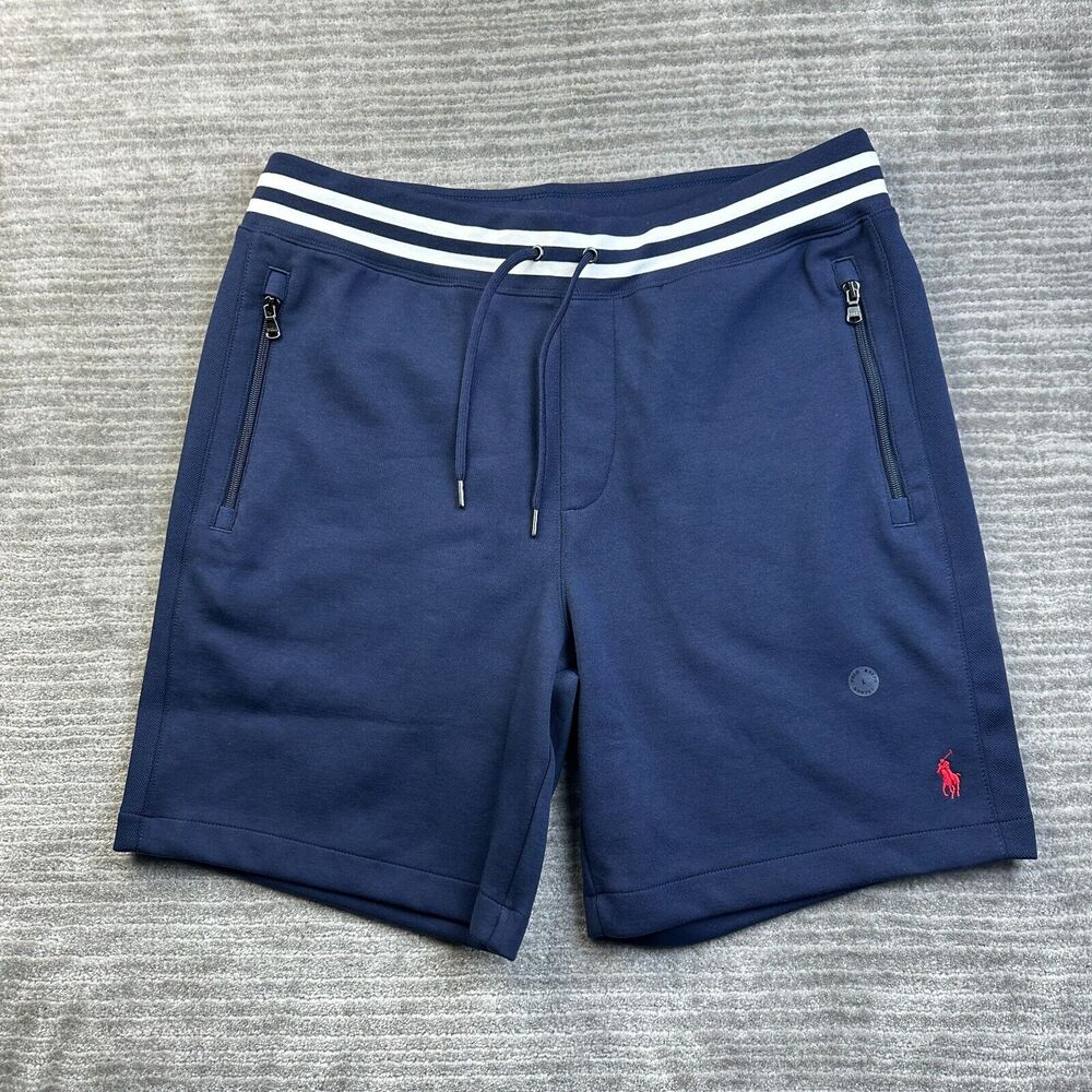 Polo Ralph Lauren Shorts Mens Large Blue Pony Tech Double Knit Fleece Mesh USA